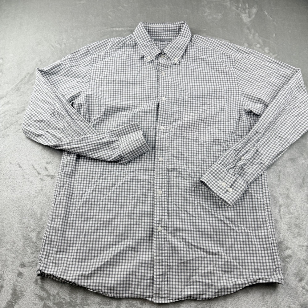 Uniqlo Men's Large Gray White Gingham Check Button Down Long Sleeve Shirt Cotton